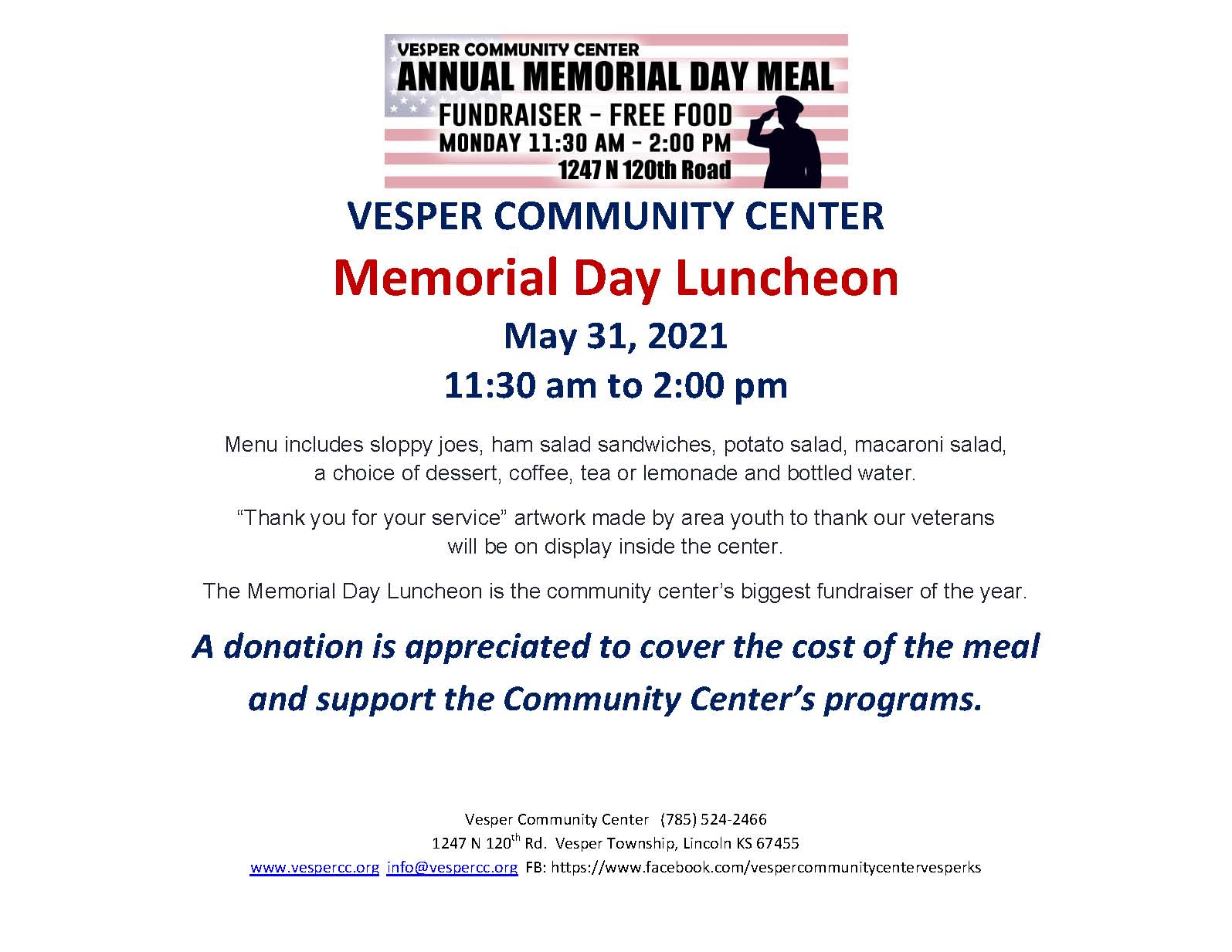 Memorial Day Luncheon Fundraiser Vesper Community Center
